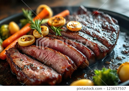 Juicy Sliced Steak with Roasted Garlic and Vegetables on a Hot Plate 123657507