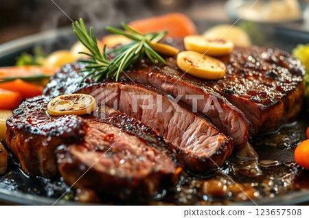 Juicy Sliced Steak with Roasted Garlic and Vegetables on a Hot Plate 123657508