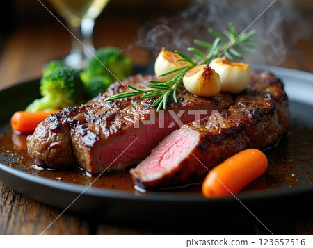 Juicy Sliced Steak with Roasted Garlic and Vegetables on a Hot Plate 123657516