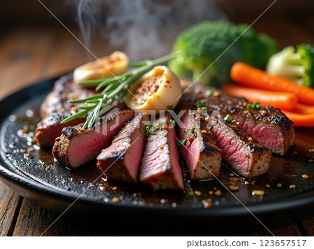 Juicy Sliced Steak with Roasted Garlic and Vegetables on a Hot Plate 123657517