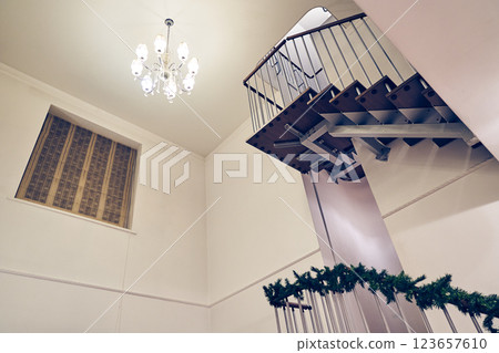 Elegant and modern staircase with black metal handrails and wooden steps in a luxurious penthouse with minimalist decor. High quality photo 123657610