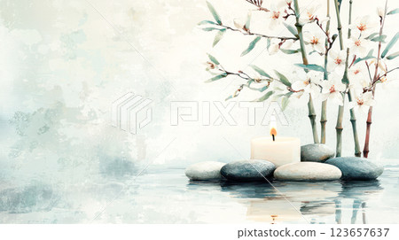 A serene composition of bamboo stalks, white blossoms, smooth spa stones, and a lit candle reflected in water, creating a peaceful and zen-inspired atmosphere. 123657637