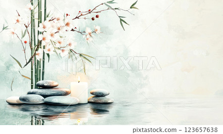 A serene composition of bamboo stalks, white blossoms, smooth spa stones, and a lit candle reflected in water, creating a peaceful and zen-inspired atmosphere. 123657638