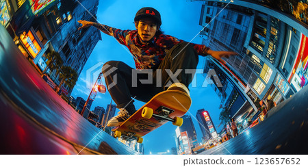 Young Asian guy jumping on skateboard. Shot from below on a fish-eye. Immersive POV 123657652