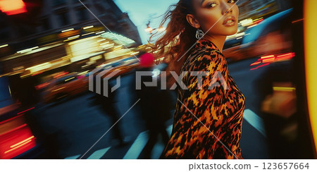 Beautiful black woman in bright outfit crossing in the street. Night city lights. Immersive POV 123657664