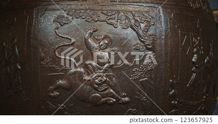 Chengdu, Sichuan, China. Ornate Iron Pot And Liu Bei Statue In Mausoleum Of Liu Bei, Wuhou Memorial, Three Kingdoms Temple. Depicts Scene Of Fighting With Tiger. Engraving On Bronze Incense Burial Pot Chengdu, Sichuan, China. Ornate Iron Pot And Liu Bei Statue In Mausoleum Of Liu Bei, Wuhou Memorial, Three Kingdoms Temple. Depicts Scene Of Fighting With Tiger. Engraving On Bronze Incense Burial Pot 123657925