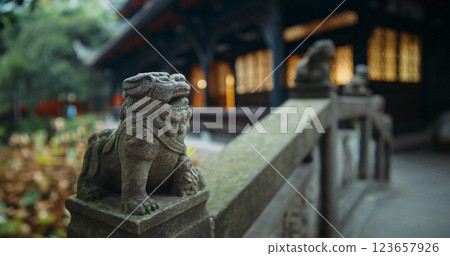 Chengdu, Sichuan, China. Old Stone Sculptures Of Kylins Or Qilin Park Of Wuhou Memorial Temple. Traditional Chinese Architectural Ornament. Legendary Hooved Chimerical Creature That Appears In Chinese 123657926