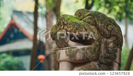 Chengdu, Sichuan, China. Head of Stone Guardian Lion at Wuhou Memorial Temple. Imperial Guardian Lions Are Traditional Chinese Architectural Ornament. Memorial Temple Of Marquis Wu Chengdu, Sichuan, China. Head of Stone Guardian Lion at Wuhou Memorial Temple. Imperial Guardian Lions Are Traditional Chinese Architectural Ornament. Memorial Temple Of Marquis Wu 123657928