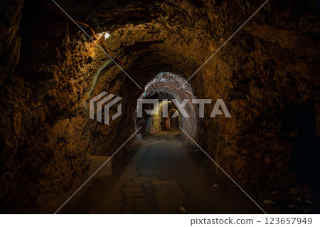Pedestrian tunnel through a rock or mountain near Petrovac town in winter time, Montenegro 123657949