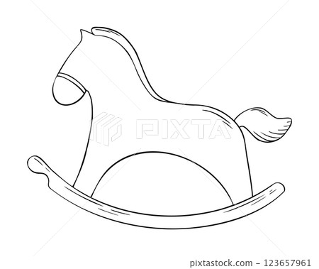 Vector illustration of baby toy. Nursery decor, wood rocking horse. Hand drawn engraving art for child card, invitation, baby shower, tags, printing Vector illustration of baby toy. Nursery decor, wood rocking horse. Hand drawn engraving art for child card, invitation, baby shower, tags, printing 123657961
