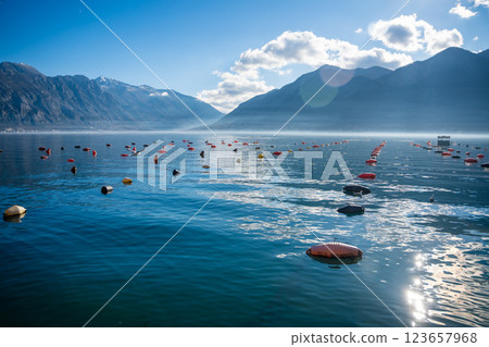Panoramic view of Kotor Bay with oyster farms in winter morning, Montenegro 123657968