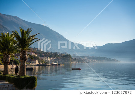 View of small village on coastline of Gulf of Kotor Bay next to Kotor town in Montenegro 123657972