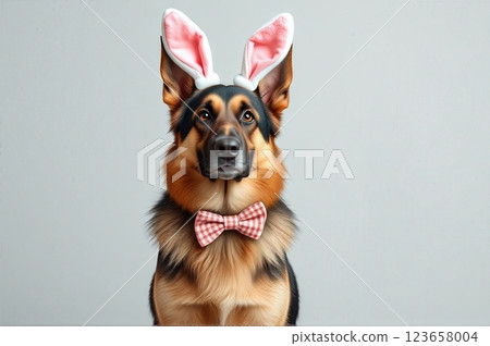 Adorable Dog Wearing Easter Bunny Ears and Bow Tie in Minimalist Festive Portrait 123658004