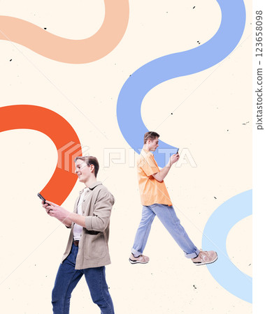 Modern artwork. Two men walking while focused on smartphones, abstract lines representing digital pathways connecting them. 123658098
