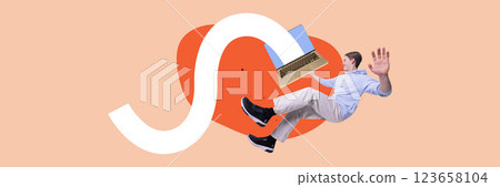 Contemporary art collage. Young man falling while laptop pulls him into digital wave, representing deep immersion in virtual space. Contemporary art collage. Young man falling while laptop pulls him into digital wave, representing deep immersion in virtual space. 123658104