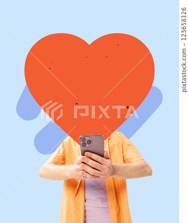 Creative art collage. Young man with smartphone, oversized heart replacing head, symbolizing online affection, digital influence. 123658126