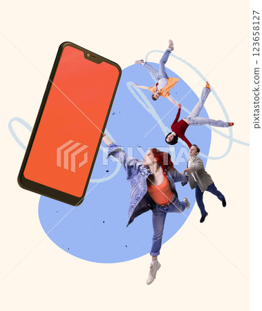 Modern artwork. Group of people dynamically floating around smartphone, expressing joy and movement, digital waves surrounding scene. 123658127