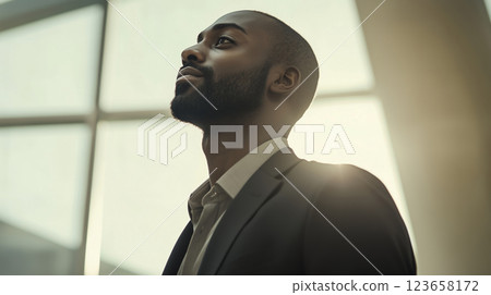 Successful male entrepreneur thinks standing in office, confident business man looking out window 123658172