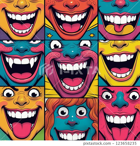 Colorful expressive cartoon faces with wide smiles.  123658235