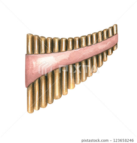 Wooden pan flute watercolor illustration isolated background. Bamboo Panpipe woodwind instrument with pipes of different lengths. Folk ethnic element for festival decor, concert invitation 123658246