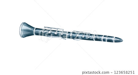 Blue metal clarinet woodwind instrument watercolor illustration isolated background. Hand drawn classical flute. Musical equipment for shop der, web design, symphony orchestra poster Blue metal clarinet woodwind instrument watercolor illustration isolated background. Hand drawn classical flute. Musical equipment for shop der, web design, symphony orchestra poster 123658251