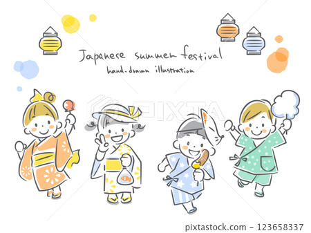 孩子們享受夏天：可愛的手繪線描插圖 123658337