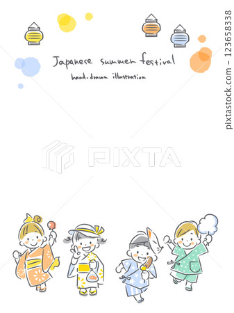 Children enjoying summer: cute hand-drawn line drawing illustration 123658338