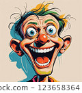 Colorful exaggerated cartoon face with wide grin.  123658364