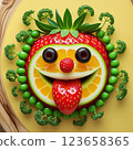 Creative fruit face arrangement with vibrant colors on a wooden surface.  123658365