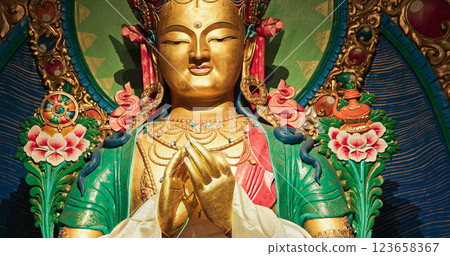 Buddha. Gompas Are Buddhist Altars Or Monasteries Located In Himalayan Region. Altar Represents Triratna -three Jewels-, Buddha, Dharma -discussions And Teachings Of Buddha- And Sangha -monastery- 123658367