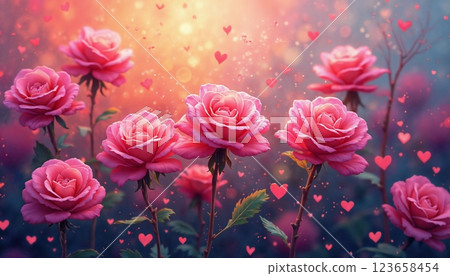 festive and bright illustration of rose flower and many hearts as abstract and rich background 123658454
