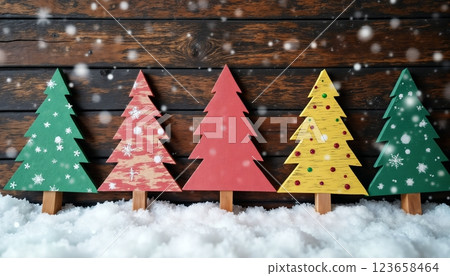 colorful Christmas tree toys as decoration on a wooden background for new year celebration, winter fairy tale 123658464
