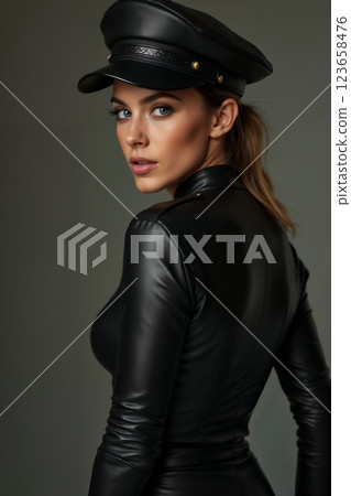 portrait of a young beautiful girl in a black leather tight jacket and a leather cap, against a wall 123658476