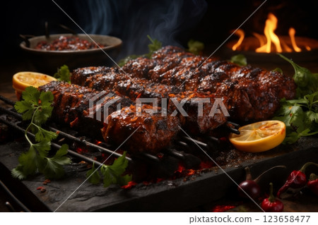 cooking meat with vegetables and herbs on fire, barbecue, flames and smoke, delicious food 123658477