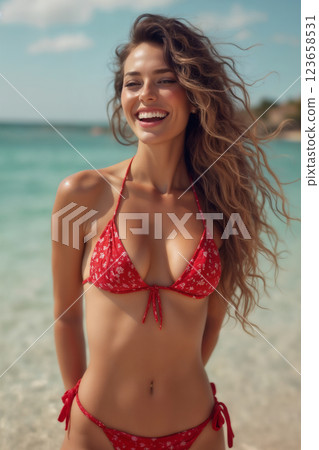 portrait of young beautiful girl wearing bikini swimsuit and posing on resort beach with view of sea and bright sky 123658531