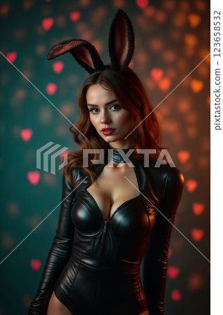 portrait of a young beautiful girl in a black leather tight catsuit with a bunny ear mask, on a dark night abstract background with bokeh hearts light portrait of a young beautiful girl in a black leather tight catsuit with a bunny ear mask, on a dark night abstract background with bokeh hearts light 123658532