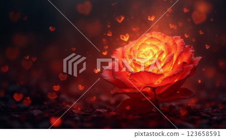 a red rose flower burning with fire on a dark background with flames and hearts, an abstract dark backdrop for the Valentine's Day celebration a red rose flower burning with fire on a dark background with flames and hearts, an abstract dark backdrop for the Valentine's Day celebration 123658591