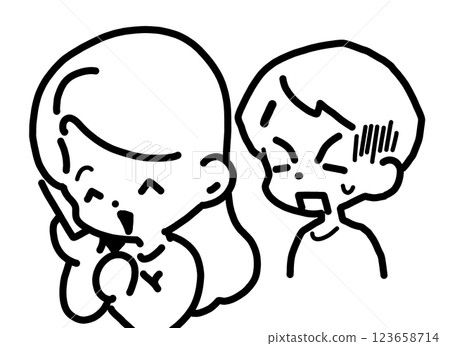 Illustration of a woman who starts talking on the phone in front of her and an astonished man Illustration of a woman who starts talking on the phone in front of her and an astonished man 123658714