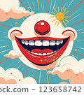 Surreal clown face in the sky with bright sun and clouds.  123658742