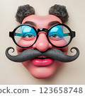 Cartoonish face with curly mustache and round glasses.  123658748