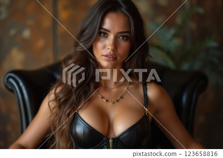 portrait of a young beautiful woman posing in home interior wearing a black leather lingerie 123658816