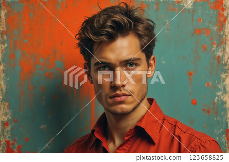 Portrait of a man with a beautiful stylish hairstyle, dressed in a shirt against the background of a painted wall Portrait of a man with a beautiful stylish hairstyle, dressed in a shirt against the background of a painted wall 123658825