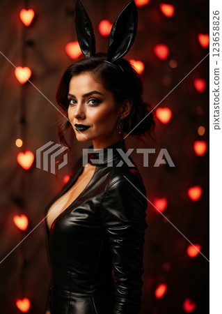 portrait of a young beautiful girl in a black leather tight catsuit with a bunny ear mask, on a dark abstract background with bokeh hearts portrait of a young beautiful girl in a black leather tight catsuit with a bunny ear mask, on a dark abstract background with bokeh hearts 123658826