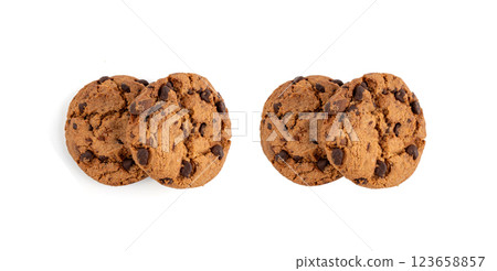 Chocolate chips cookies isolated, American biscuits, cocoa confectionery cake, sweet morsels bakery 123658857