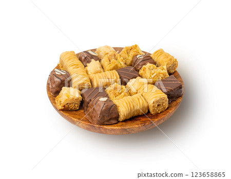 Baklava Isolated, Small Ramadan Dessert, Eastern Sweet Filo Pastries, Turkish Honey Baklawa, Oriental Desert 123658865