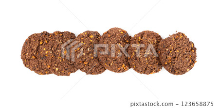 Chocolate oatmeal cookies, healthy cereal oat crackers with nuts, crispy homemade cookie with cocoa powder 123658875