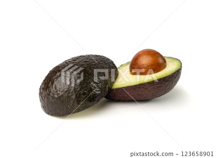Hass Avocado Half Isolated, Whole Sharwil Set, Brown Avocados Cut, Fresh Alligator Pear, Persea Americana 123658901