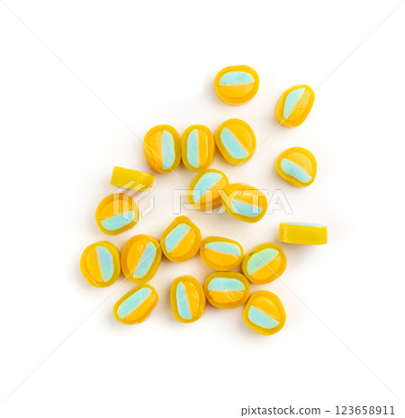 Round gummy candy piles set isolated. Small chewing colorful jellybeans, marmalade cuts, pills 123658911