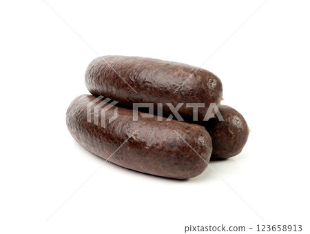 Black pudding isolated, blood sausage kaszanka, traditional Polish terrine, brawn sausages on white 123658913