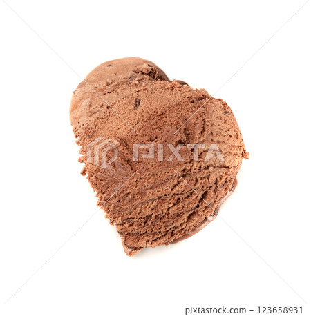 Melted chocolate ice cream isolated, real melting cocoa icecream drops, chocolate ice stain 123658931